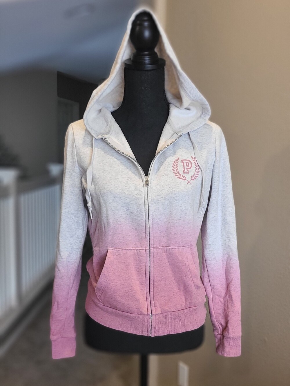PINK Victoria's Secret Gray-to-Pink Ombre Zip Hoodie with Crest